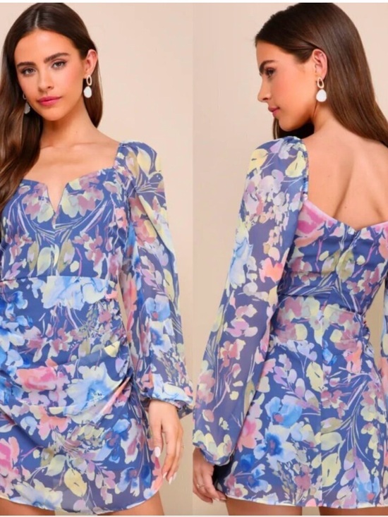 Lulus Dresses & Skirts - ☀️ NWOT LULUS Beautiful Impression Blue Floral Chiffon Long Sleeve Mini Dress